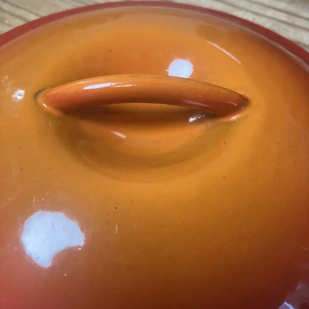 Vintage Le Creuset #14 Flame Orange Enameled Cast Iron Wood Handle Saucepan